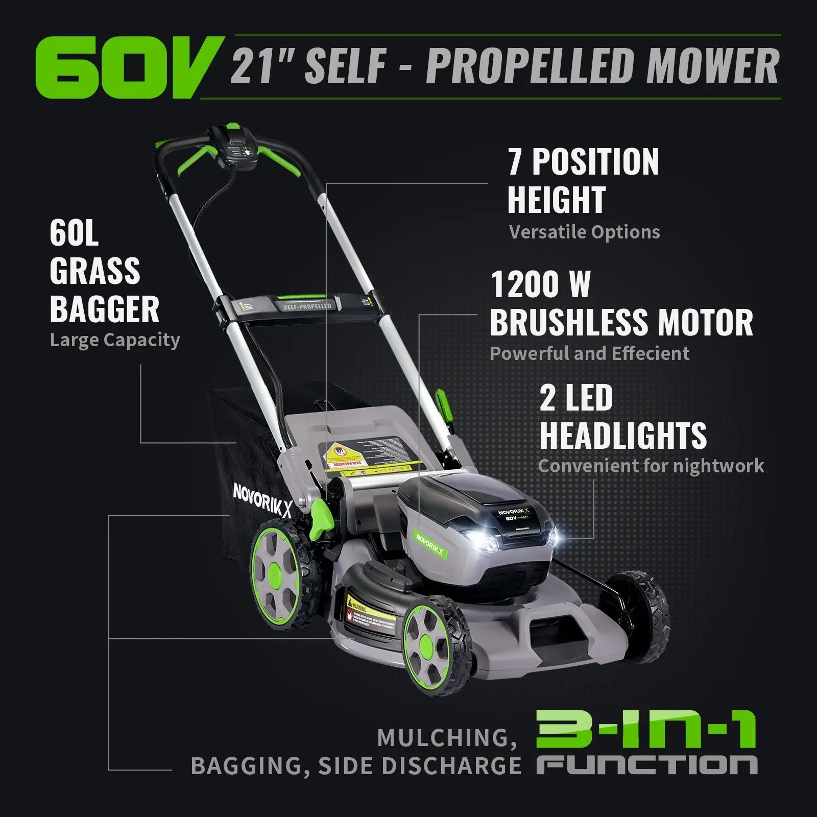 21-Inch 60V Cordless Lawn Mower - NovorikX